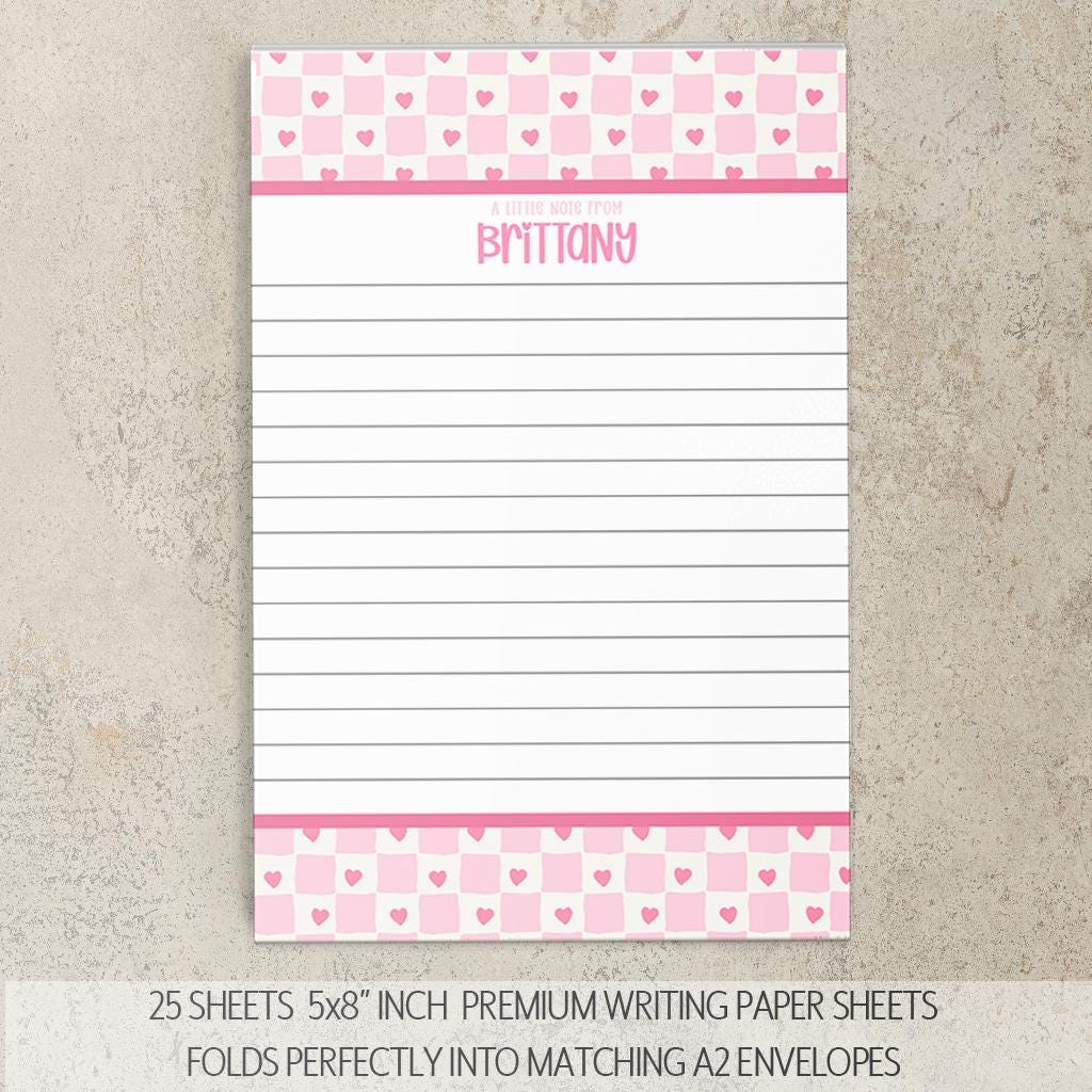Personalized Stationery Set - Heart Checkered Letter Writing Gift Set with Glitter Pen