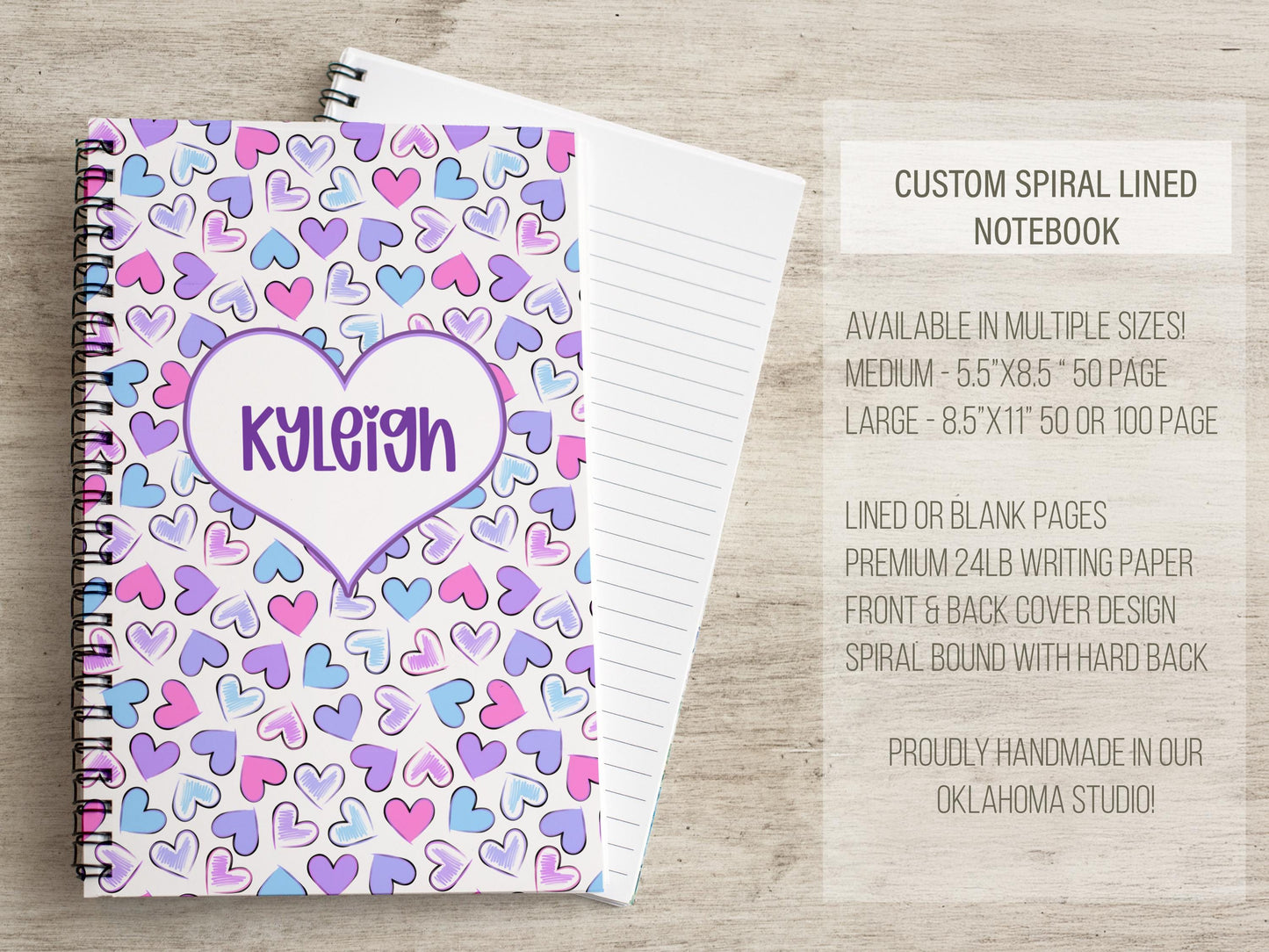 Personalized Girls Notebook - Spiral Bound Journal with Purple Pink Heart Design