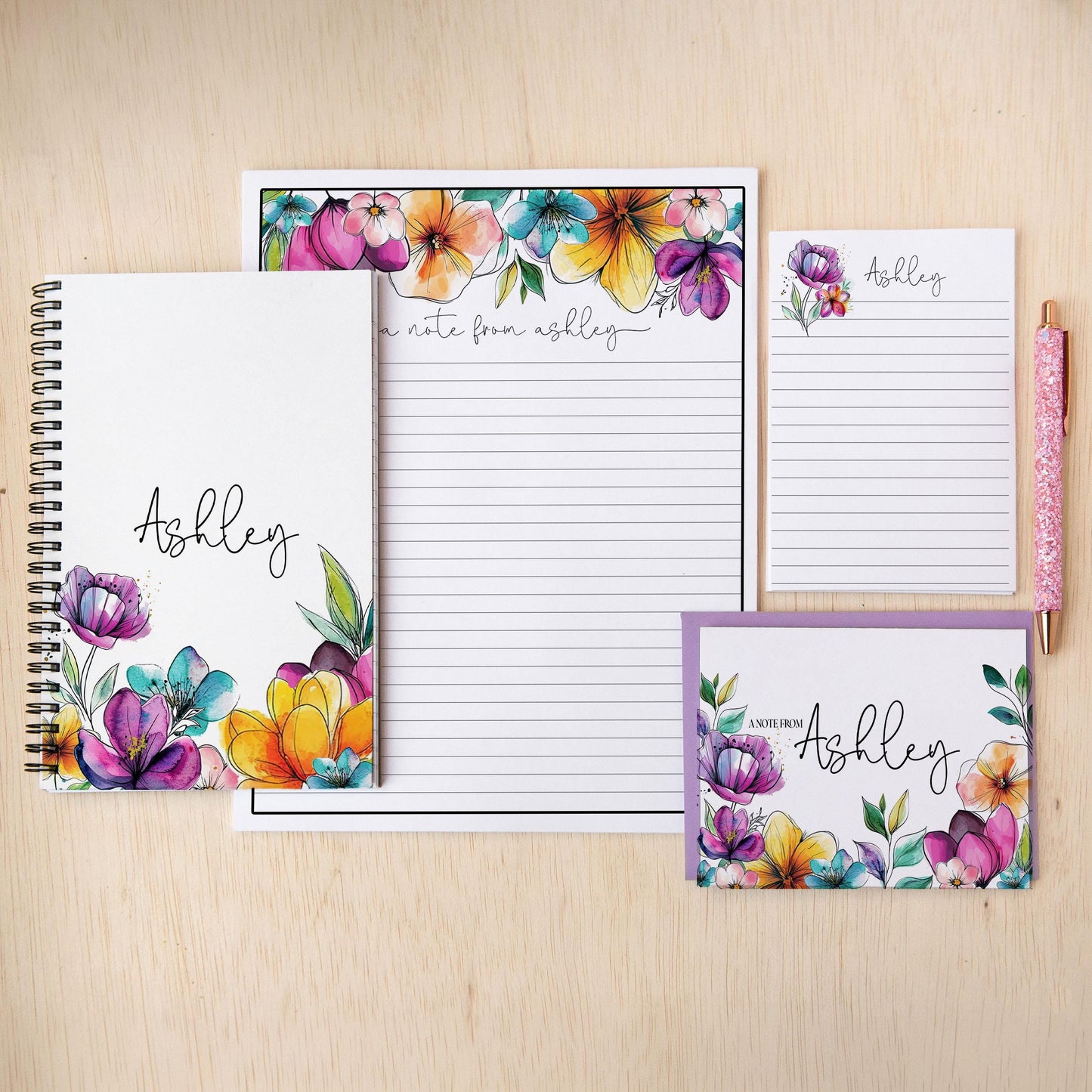 Personalized Stationery Set - Floral Notepad Set With Spiral Notebook & Writing Paper Envelopes