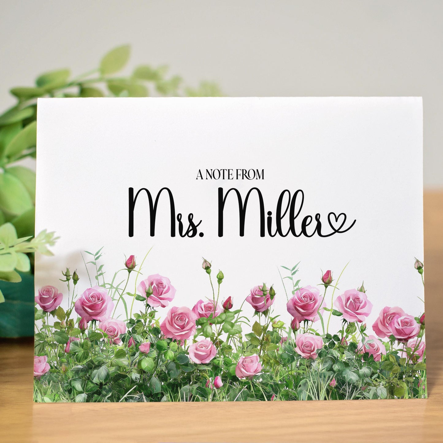 Personalized Note Cards - Pink Rose Folded Cards Set with Custom Stationery & Envelopes