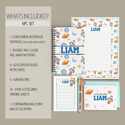 Boys Stationery Set - Personalized Notepad & Rocket Ship Notebook with Envelopes