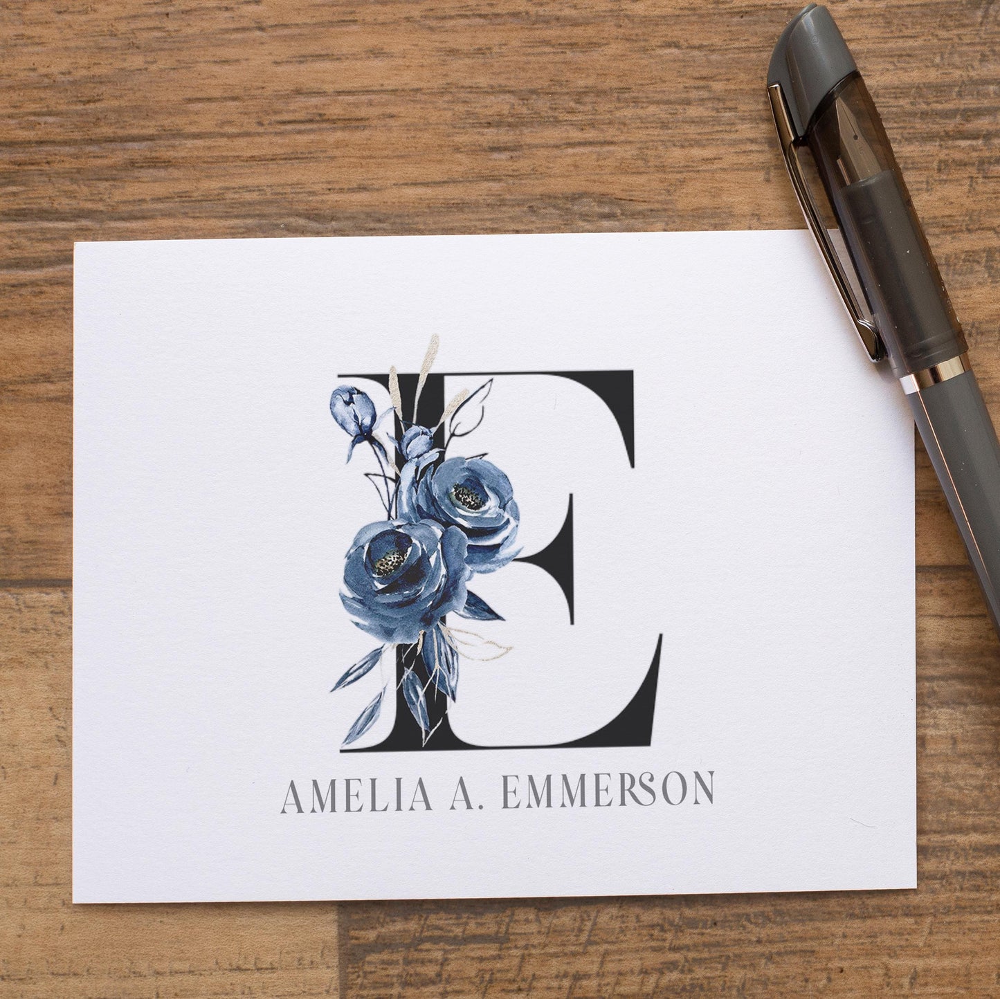 Personalized Monogram Note Cards - Custom Blue Flower Notecards with Envelopes