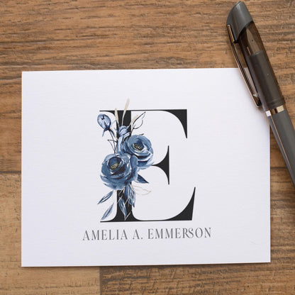 Personalized Monogram Note Cards - Custom Blue Flower Notecards with Envelopes