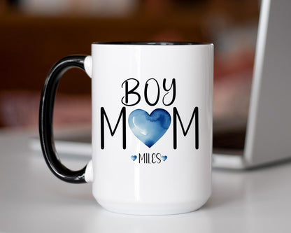 Personalized Boy Mom Mug - Custom Name Mug With Blue Heart | Dishwasher Safe Ceramic Coffee Cup