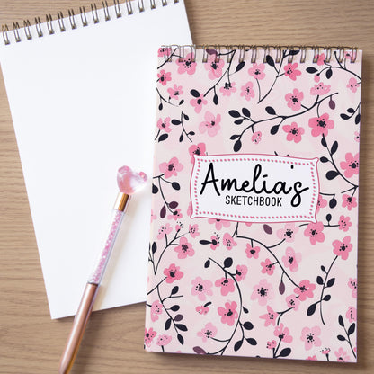 Girls Personalized Sketchbook – Custom Art Book with Pink Floral Cover | Heavyweight Spiral Bound Drawing Pad