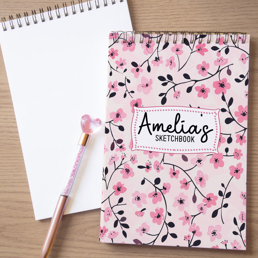 Girls Personalized Sketchbook – Custom Art Book with Pink Floral Cover | Heavyweight Spiral Bound Drawing Pad