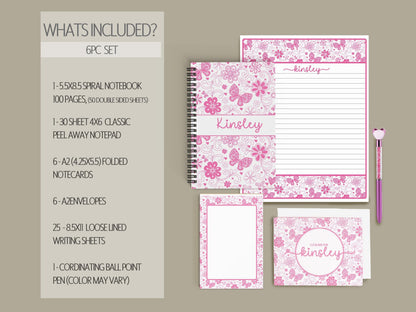Personalized Stationery Set - Girls Butterfly Letter Writing Set with Notebook & Pen