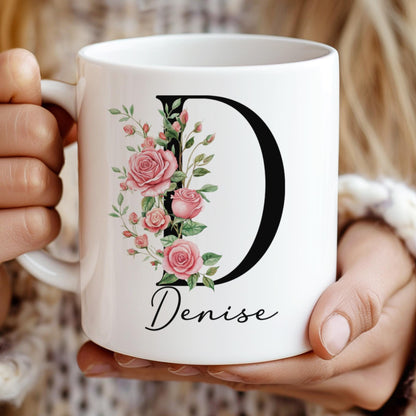 Custom Birth Flower Mug – Personalized Rose Flower Cup | Monogram Initial & Birthday Gift