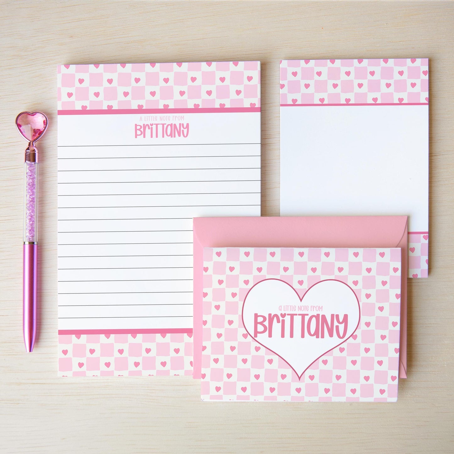 Personalized Stationery Set - Heart Checkered Letter Writing Gift Set with Glitter Pen