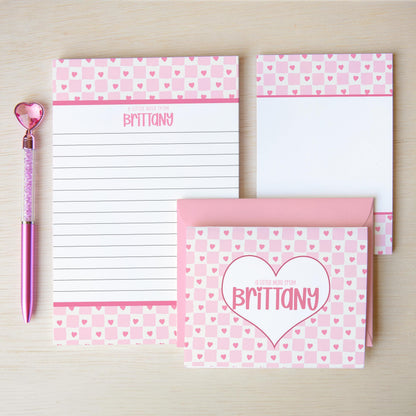 Personalized Stationery Set - Heart Checkered Letter Writing Gift Set with Glitter Pen