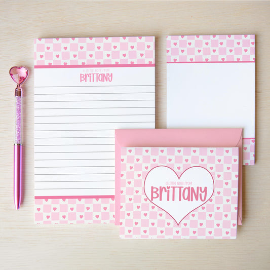 Personalized Stationery Set - Heart Checkered Letter Writing Gift Set with Glitter Pen