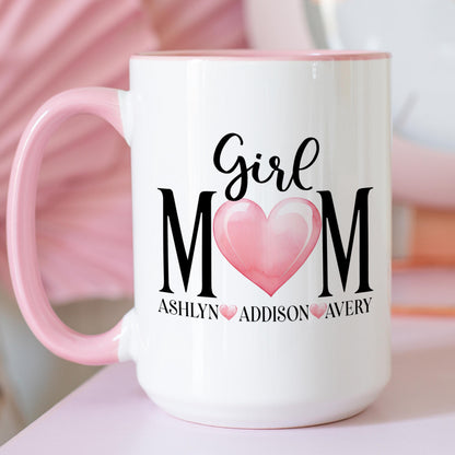 Personalized Girl Mom Mug – Custom Name Ceramic Coffee Cup with Pink Heart Gift for Mom