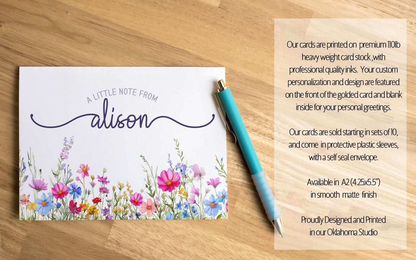 Personalized Note Cards – Wildflower Stationery Set of 10 Cards with Custom Envelope Colors
