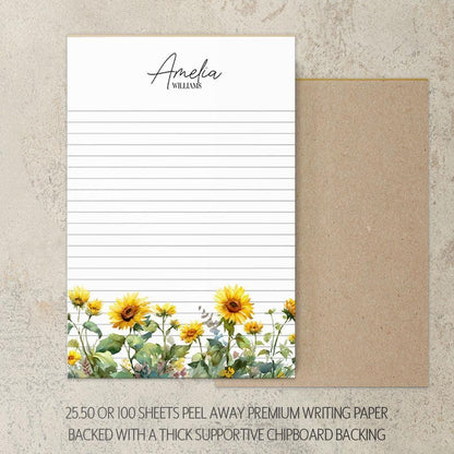 Personalized Sunflower Notepad - Custom Name Notepads | Floral Garden Note Pad Gift