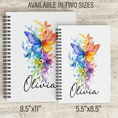 Personalized Notebook - Custom Rainbow Butterfly Spiral Bound Journal with Lined Pages