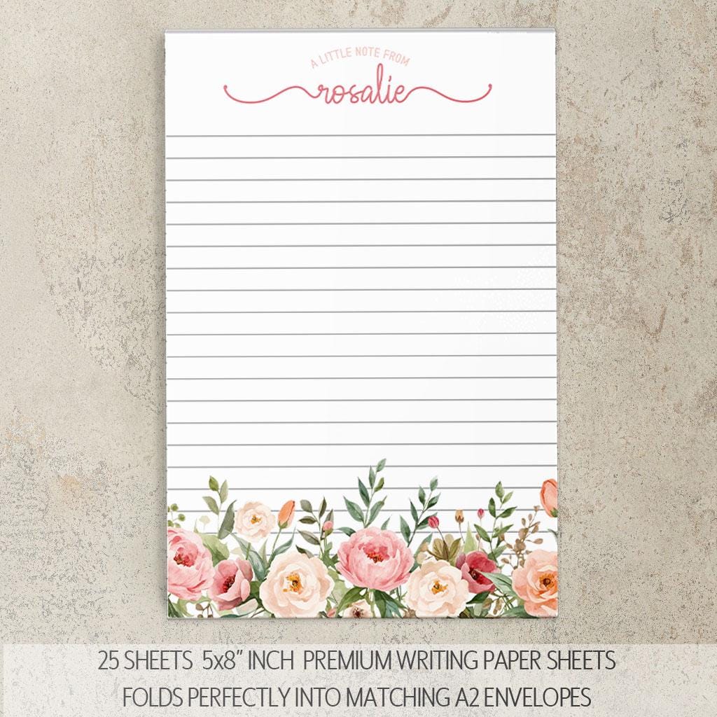 Personalized Stationery Set - Pink Rose Floral Writing Paper & Envelopes Gift