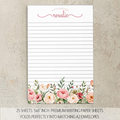 Personalized Stationery Set - Pink Rose Floral Writing Paper & Envelopes Gift