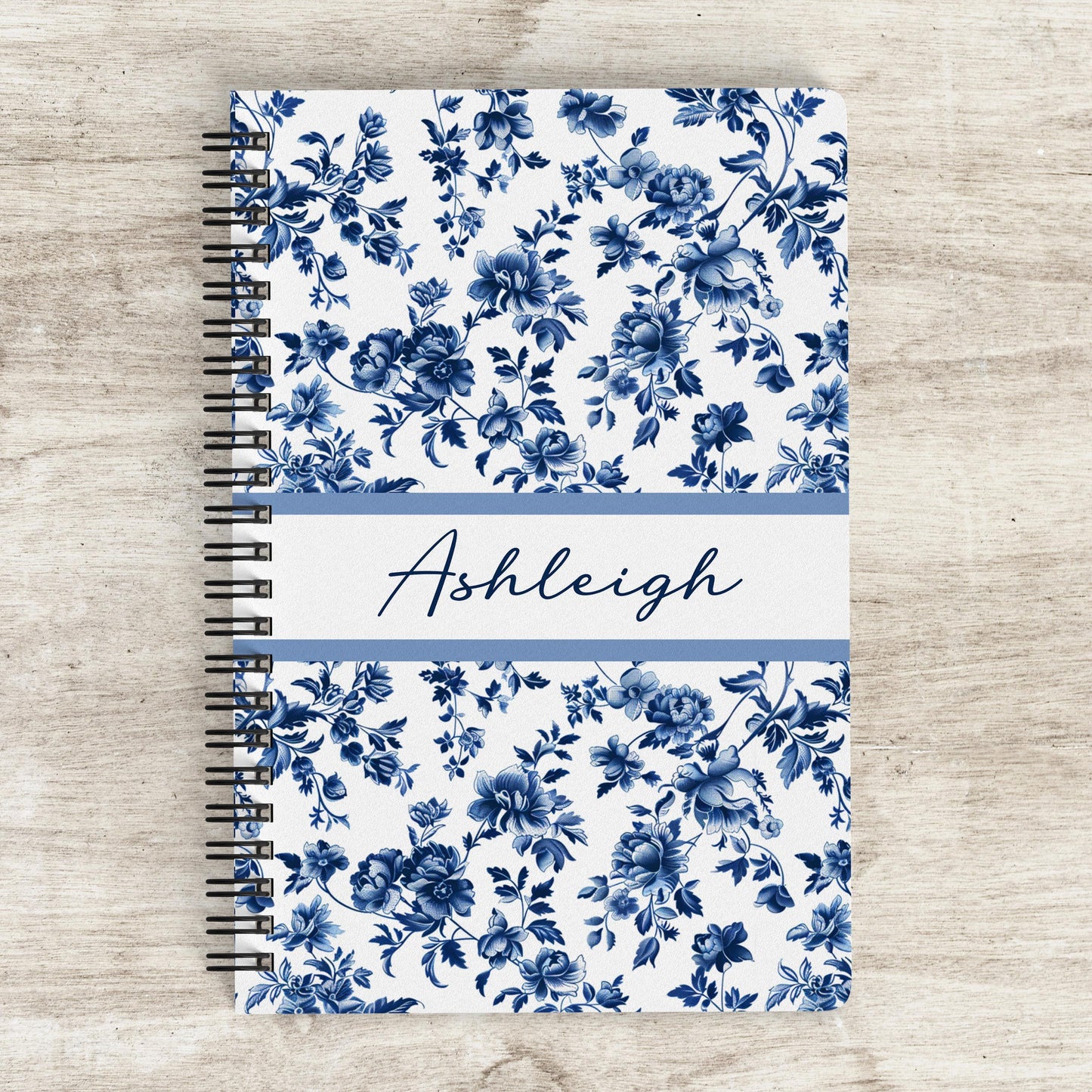 Personalized Blue Notebook – Custom Spiral Bound Journal with Floral Chinoiserie Design