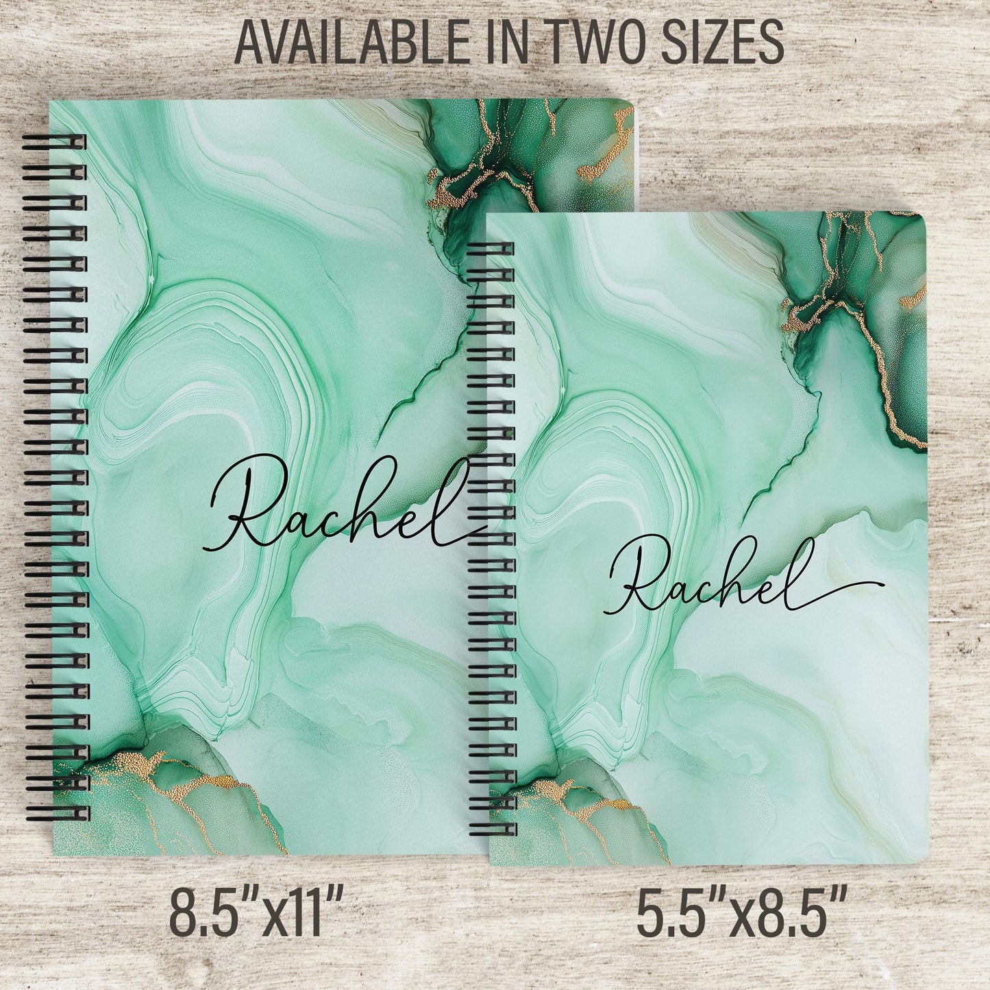 Personalized Spiral Notebook – Custom Name Journal | Mint Green Marble Sketchbook, 100 Pages