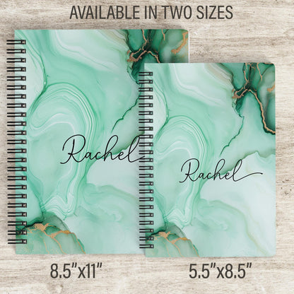 Personalized Spiral Notebook – Custom Name Journal | Mint Green Marble Sketchbook, 100 Pages