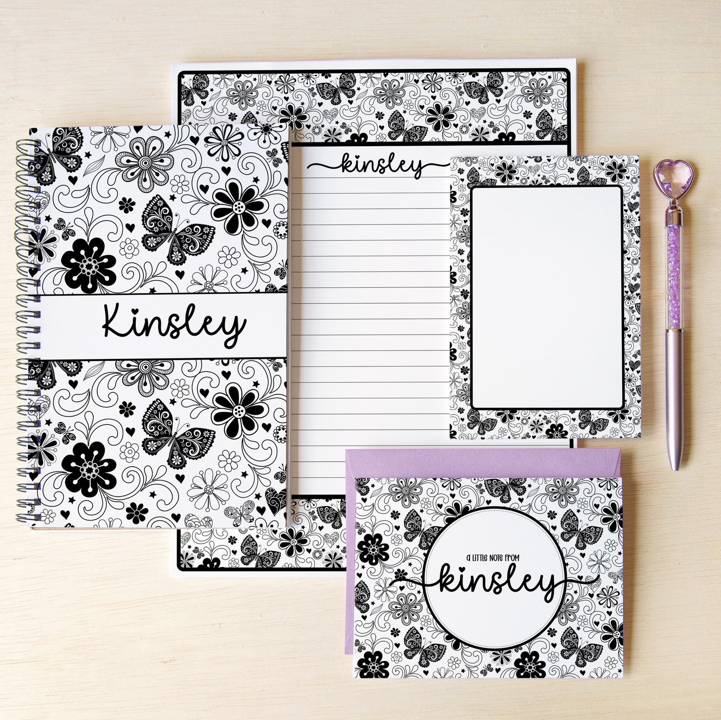 Personalized Stationery Set - Girls Butterfly Letter Writing Set with Spiral Notebook & Pen