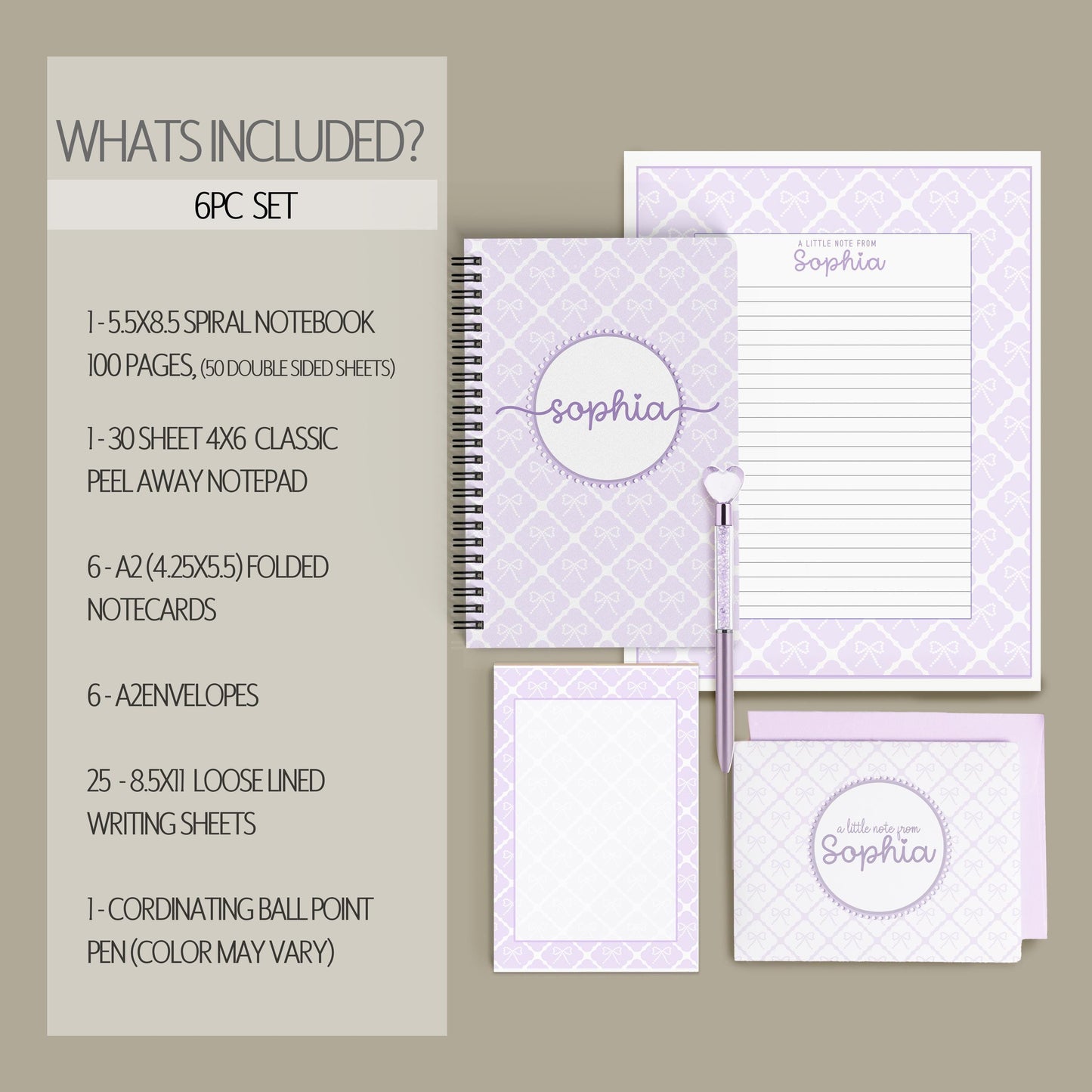 Personalized Stationery Set – Kids Letter Writing Kit with Purple Bow Notebook & Envelopes