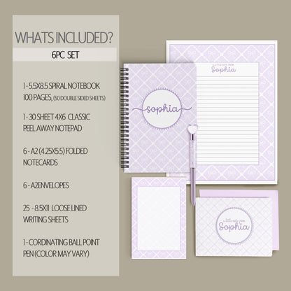Personalized Stationery Set – Kids Letter Writing Kit with Purple Bow Notebook & Envelopes