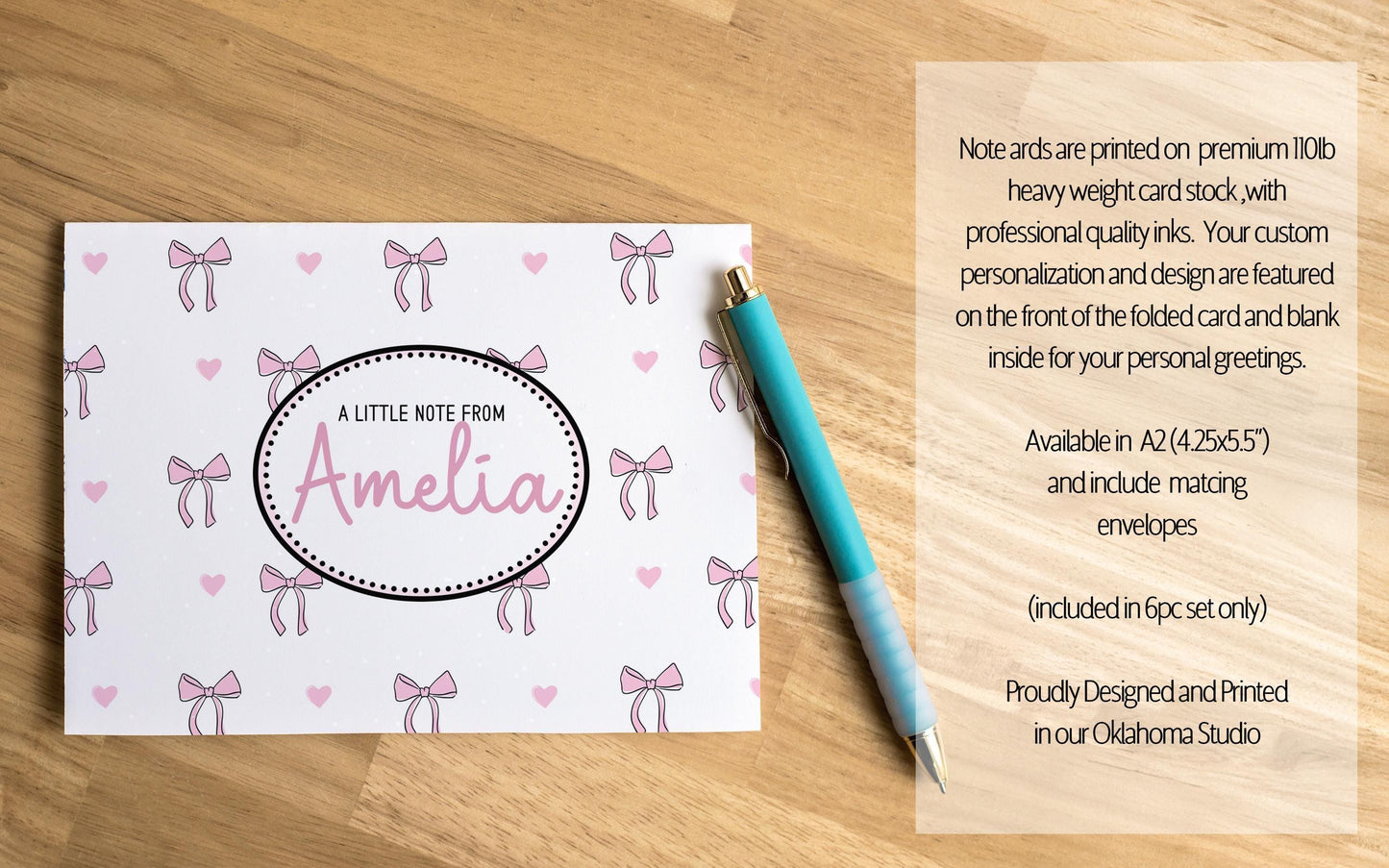 Personalized Stationery Set - Kids Letter Writing Kit with Pink Bow Notebook & Notepad