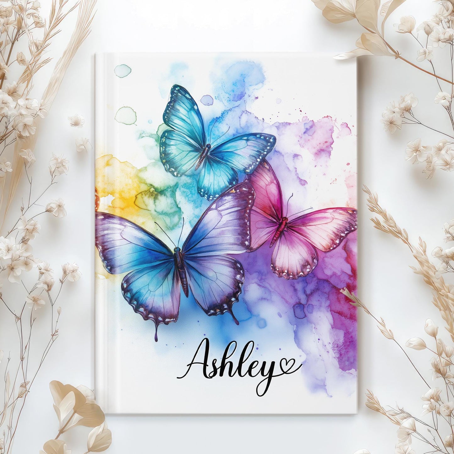 Personalized Hardcover Journal - Rainbow Butterfly Custom Name Notebook With Matte Finish Cover