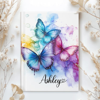 Personalized Hardcover Journal - Rainbow Butterfly Custom Name Notebook With Matte Finish Cover