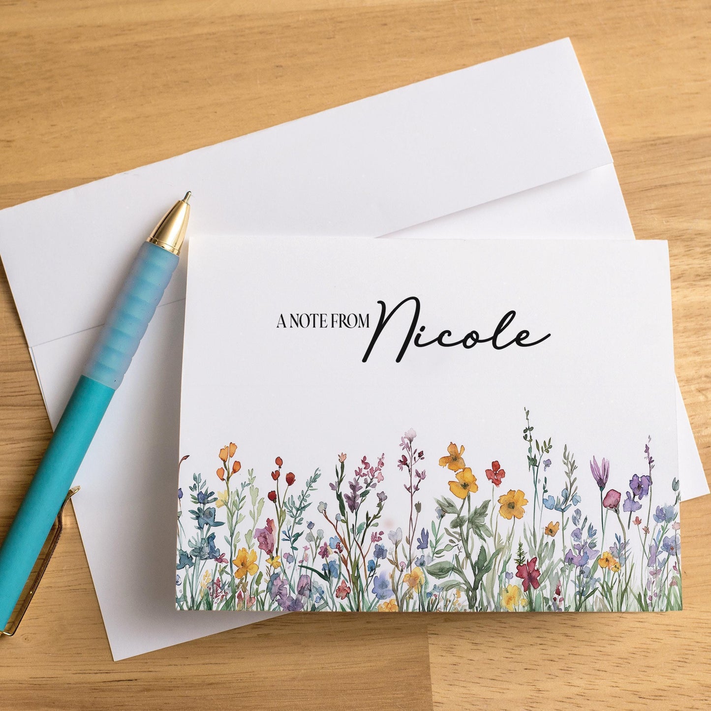 Personalized Note Cards - Wildflower Note Cards Set with Custom Name & Matching Envelope Colors