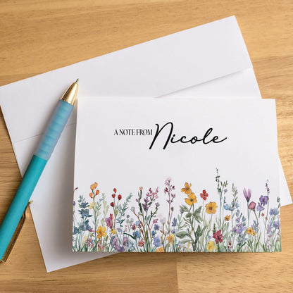 Personalized Note Cards - Wildflower Note Cards Set with Custom Name & Matching Envelope Colors