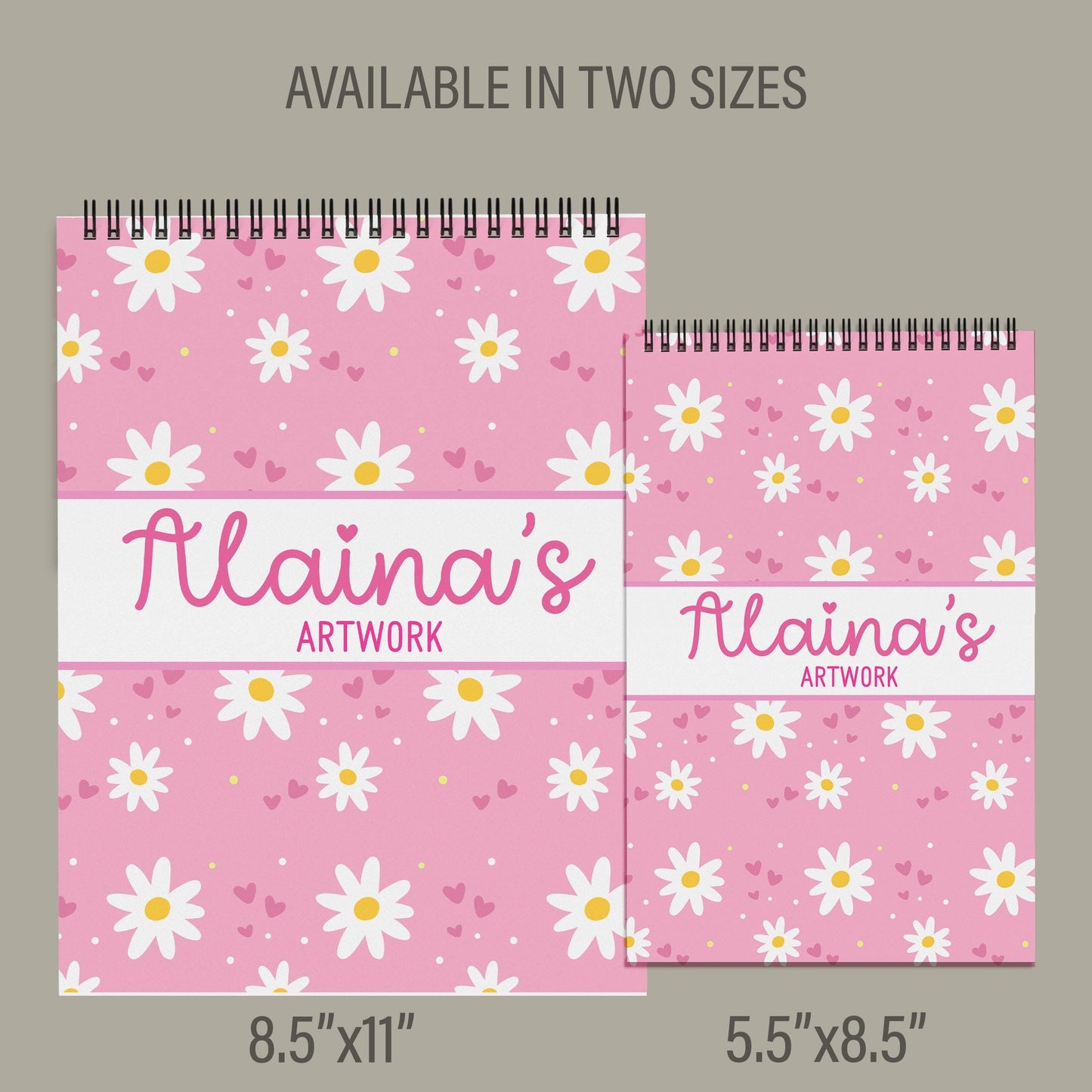Girls Personalized Sketchbook - Custom Name Pink Daisy Drawing Pad with Heavyweight Paper