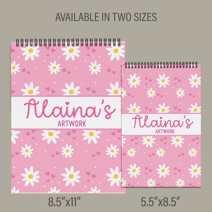 Girls Personalized Sketchbook - Custom Name Pink Daisy Drawing Pad with Heavyweight Paper
