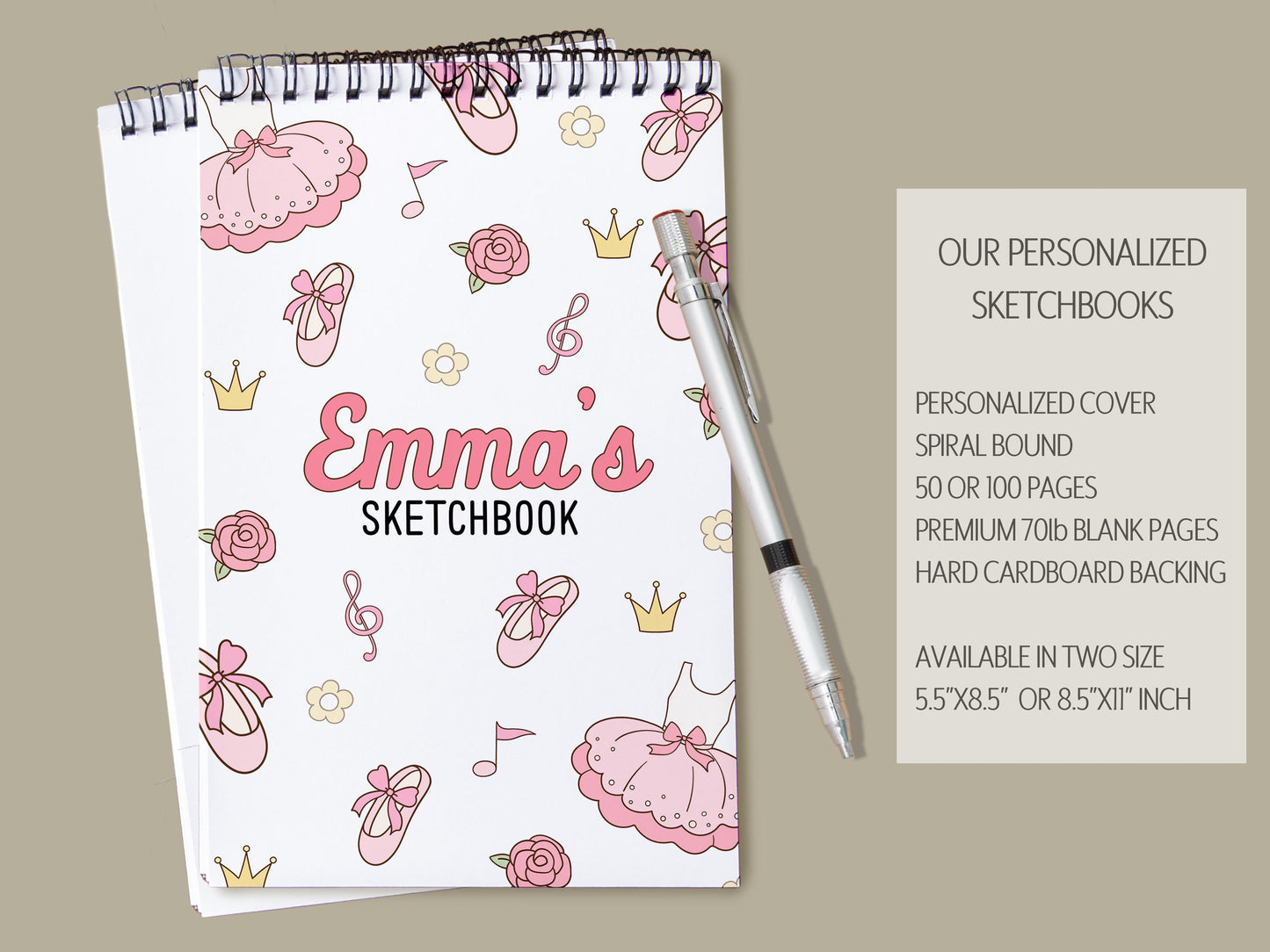 Girls Personalized Sketchbook - Custom Drawing Pad With Name | Spiral Bound Art Book