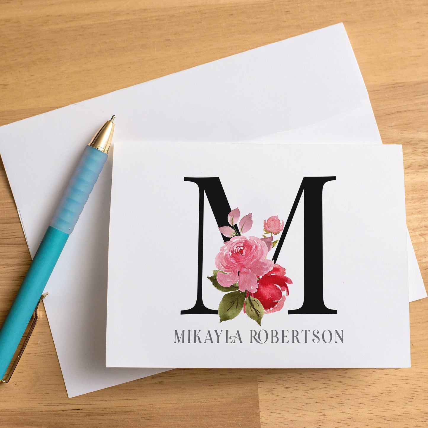 Personalized Monogram Note Cards - Custom Rose Notecards with Envelopes | Folded Thank You Cards Gift Set