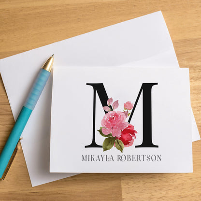 Personalized Monogram Note Cards - Custom Rose Notecards with Envelopes | Folded Thank You Cards Gift Set