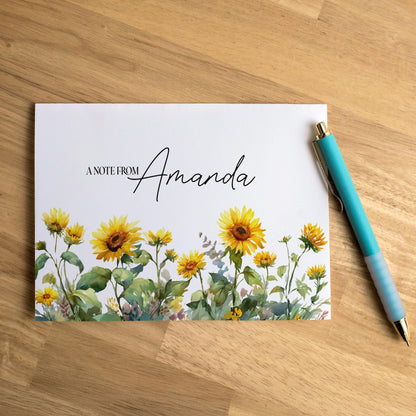 Personalized Note Cards – Sunflower Stationery Set with Custom Name, Envelopes Included