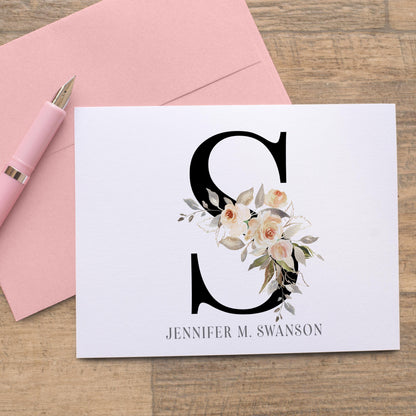 Personalized Monogram Note Cards - Custom Flower Notecards & Folded Thank You Cards Set