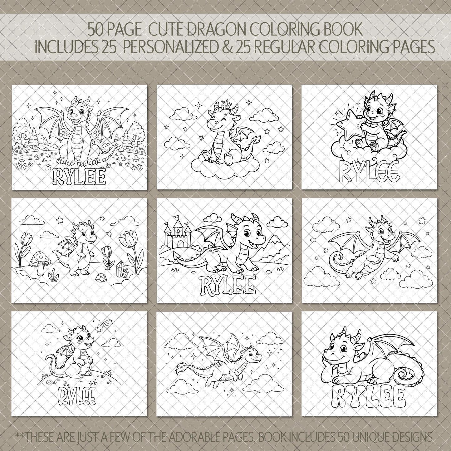 Personalized Dragon Coloring Book, 50 Pages, Spiral 11x8.5, Kids!