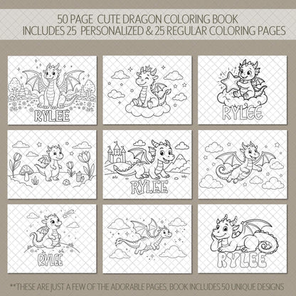 Personalized Dragon Coloring Book, 50 Pages, Spiral 11x8.5, Kids!