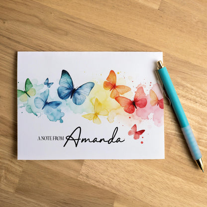 Personalized Note Cards - Rainbow Butterfly Custom Name Notecards with Envelopes