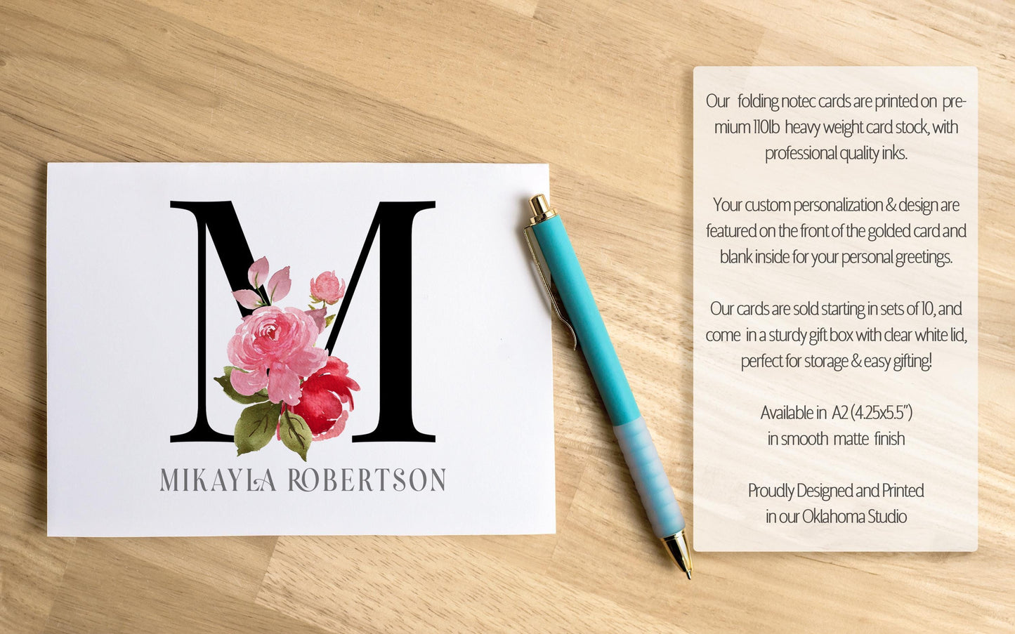 Personalized Monogram Note Cards - Custom Rose Notecards with Envelopes | Folded Thank You Cards Gift Set