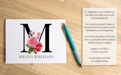 Personalized Monogram Note Cards - Custom Rose Notecards with Envelopes | Folded Thank You Cards Gift Set