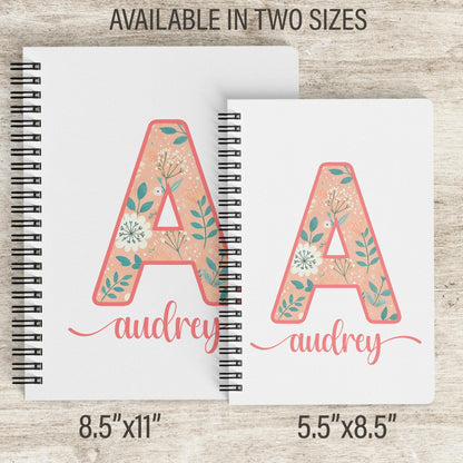 Personalized Womens Notebook - Custom Monogram Journal With Coral Teal Floral Design