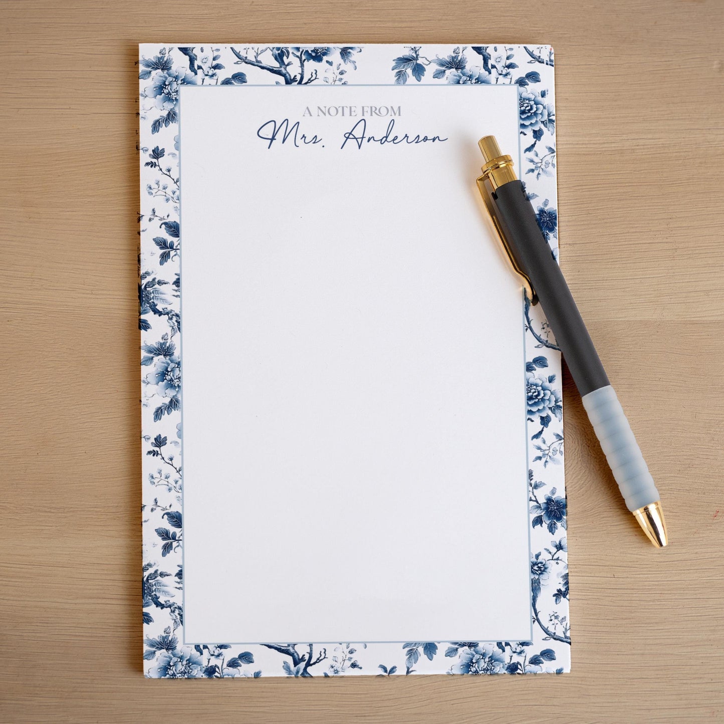Personalized Notepad - Custom Name Notepads with Blue White Stationery & Floral Chinoiserie Design
