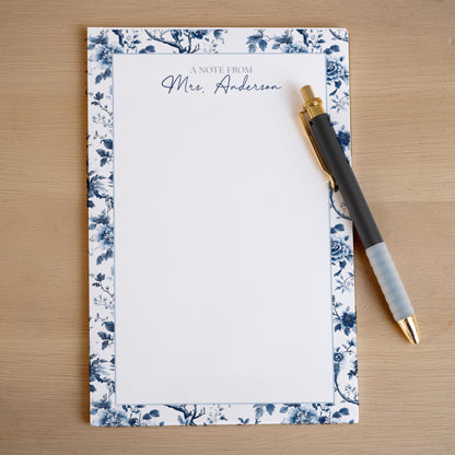 Personalized Notepad - Custom Name Notepads with Blue White Stationery & Floral Chinoiserie Design