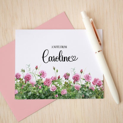 Personalized Note Cards - Pink Rose Folded Cards Set with Custom Stationery & Envelopes