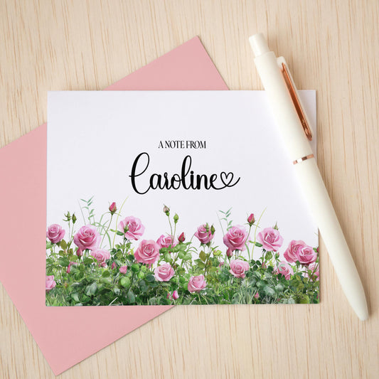 Personalized Note Cards - Pink Rose Folded Cards Set with Custom Stationery & Envelopes