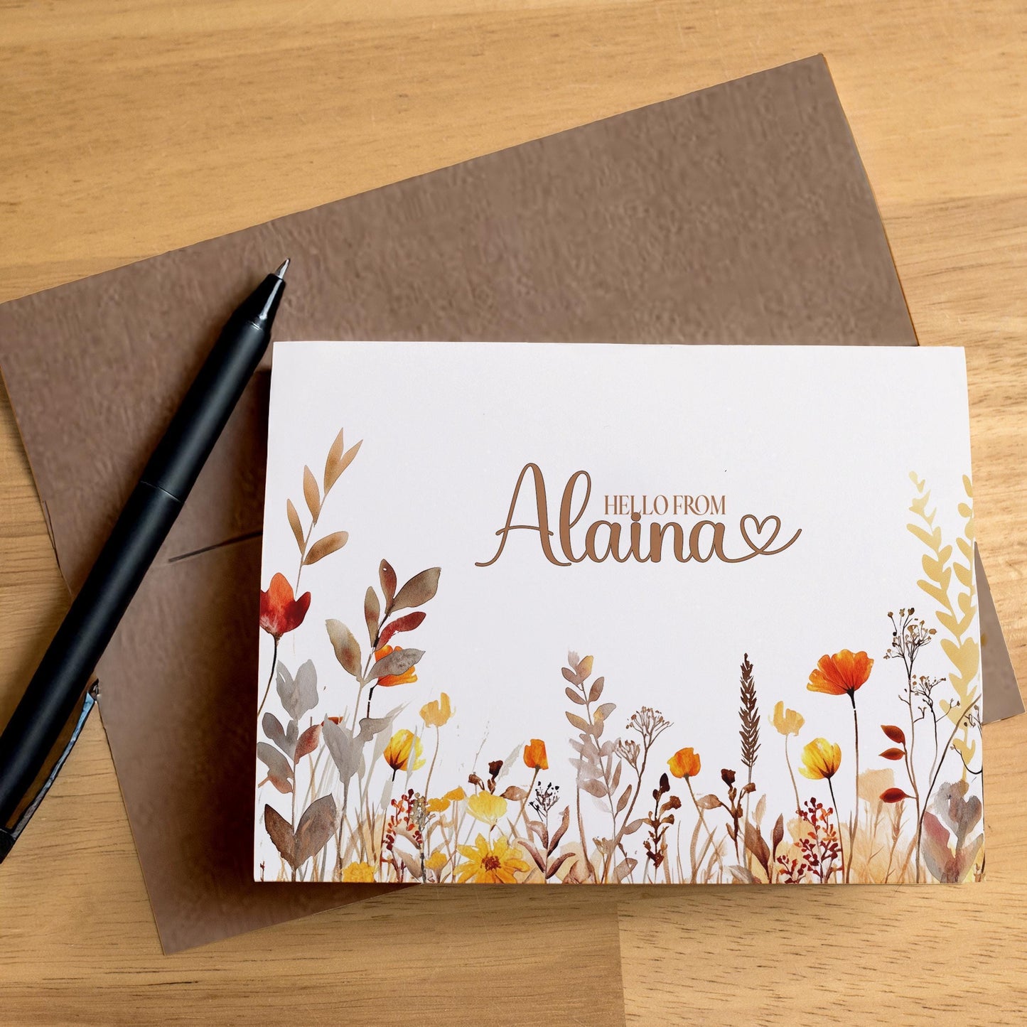 Personalized Note Cards - Boho Autumn Fall Wildflower Custom Name Notecards with Envelopes